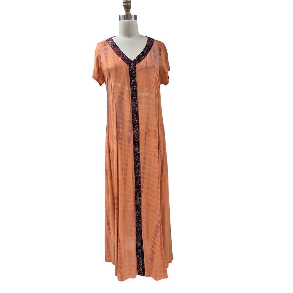 Soft Surroundings 100% Rayon Dress Orange/Purple Tie Dye Sunset Bali Sz S - Picture 2 of 7